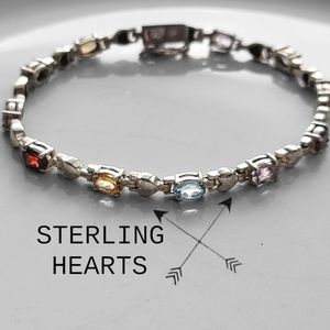 SOLID 925 Silver HEART Multi Gemstone and Silver Bracelet